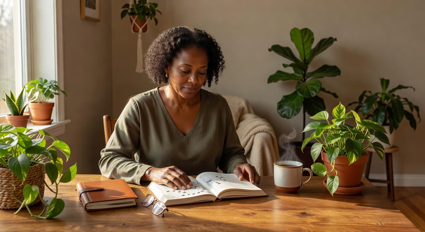 Black woman completing a puzzle and reading at a table surrounded by houseplants and natural light.