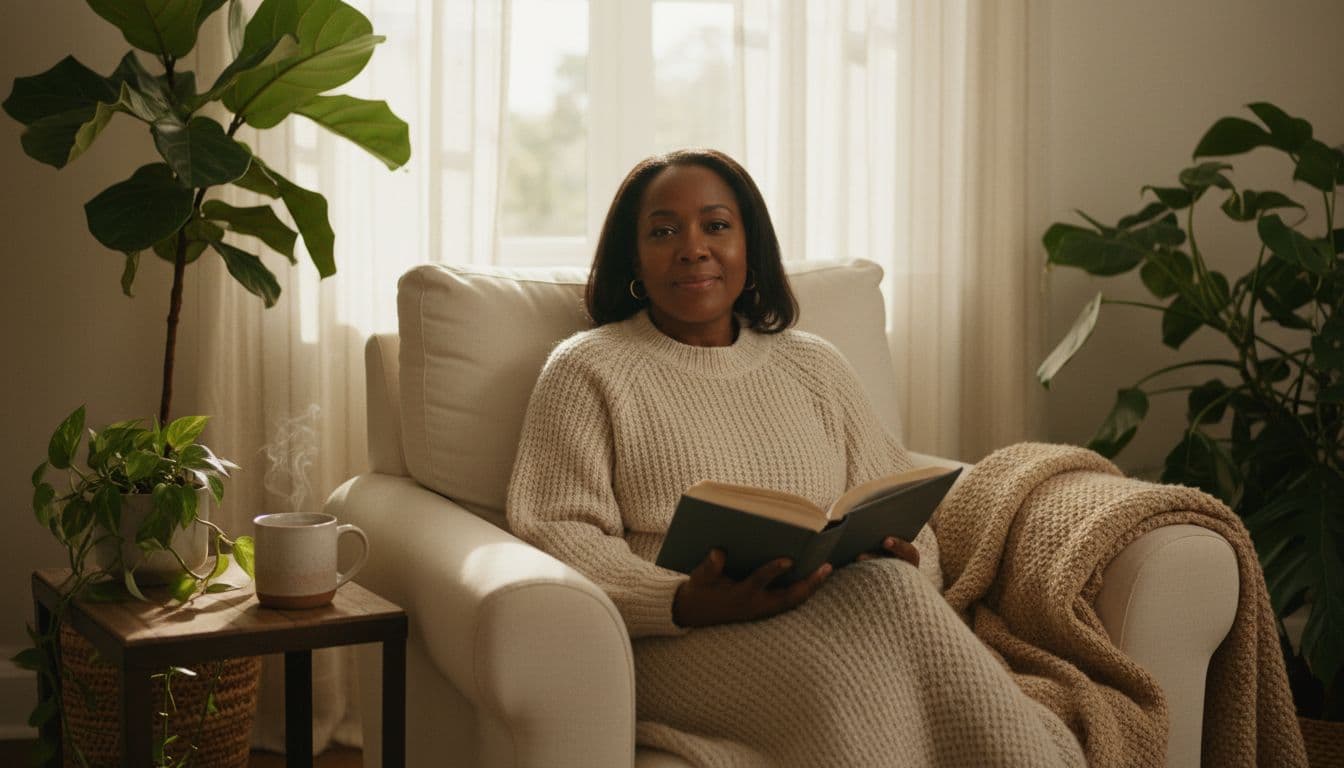 Woman relaxing in a cozy chair reading a book with tea and plants nearby
