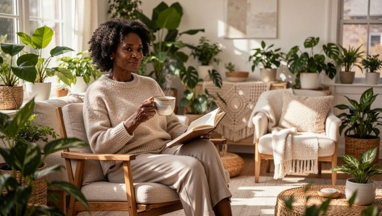 Black woman relaxing in a cozy, plant-filled living room while reading a book and enjoying a warm drink.