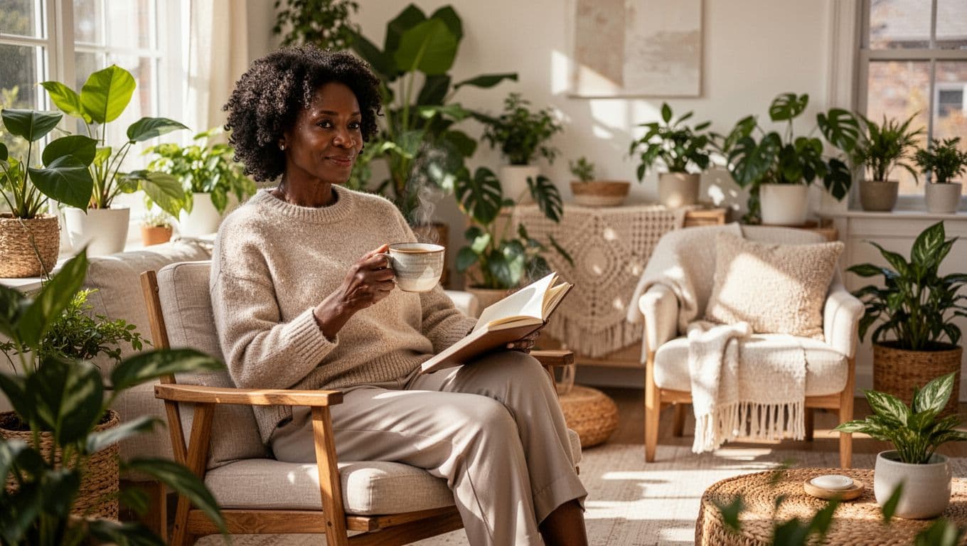 Black woman relaxing in a cozy, plant-filled living room while reading a book and enjoying a warm drink.