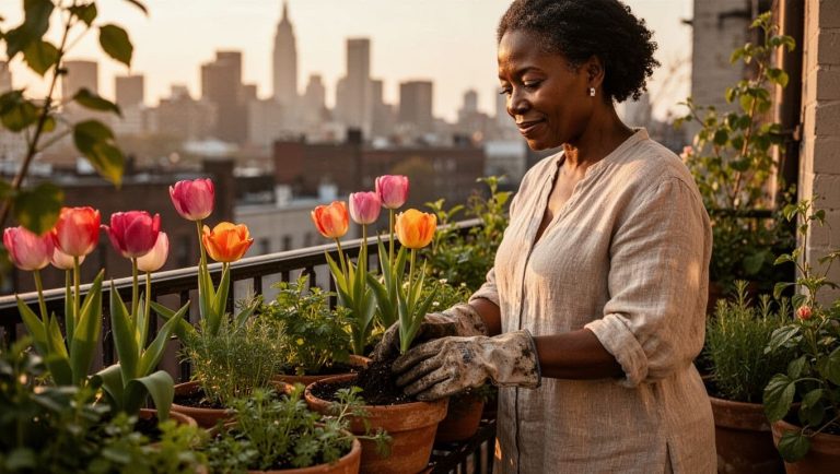 Woman tending tulips and plants on a balcony garden during sunset