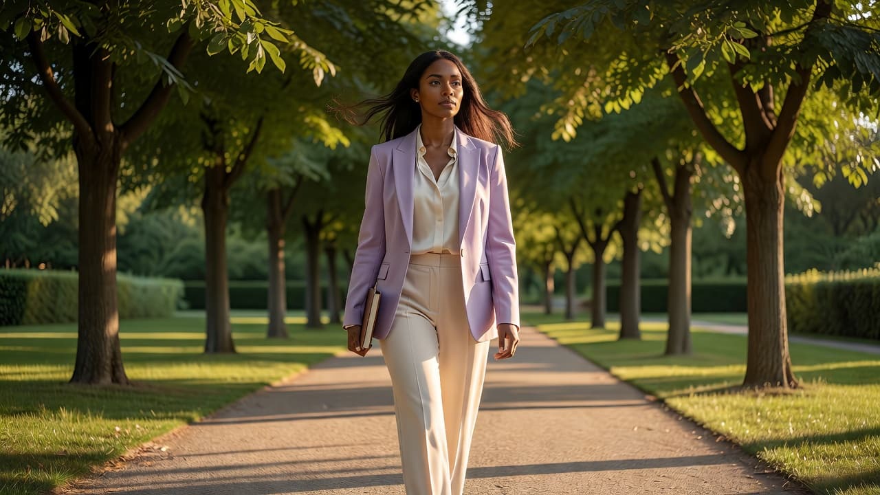 Confident woman walking outdoors while embracing personal growth.