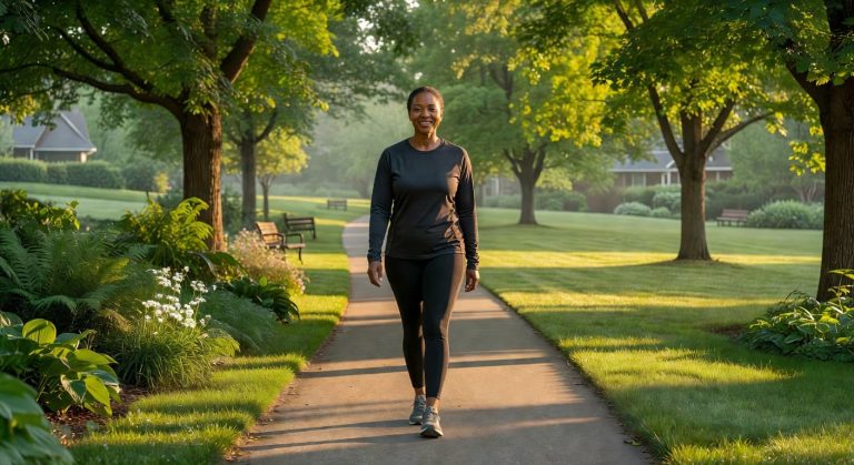 Black woman walking along a tree-lined path during a morning walk for healthy aging and physical wellness.