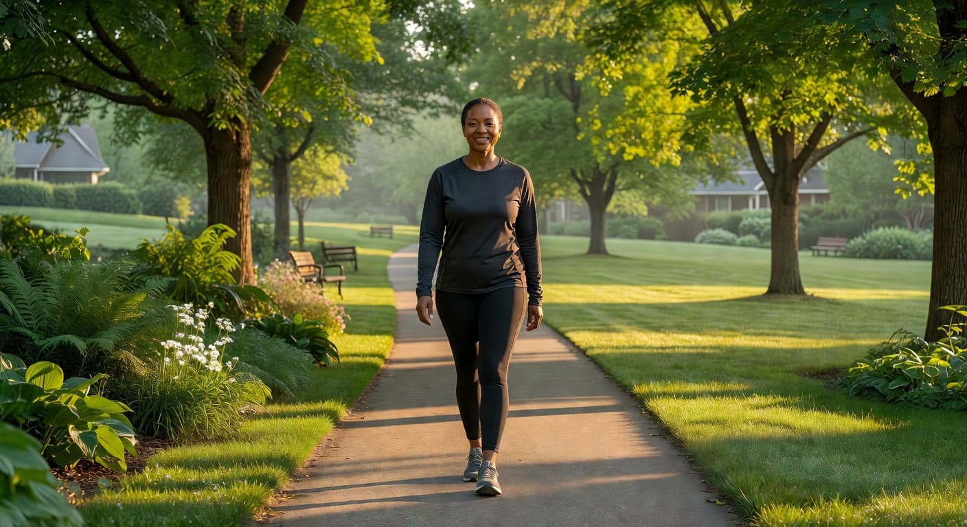 Black woman walking along a tree-lined path during a morning walk for healthy aging and physical wellness.