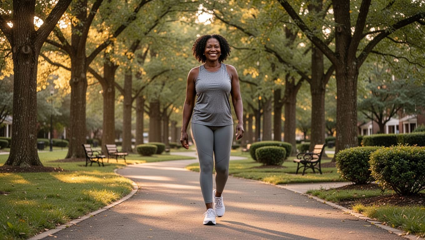 Black woman walking through a tree-lined park during golden hour as part of a healthy daily wellness routine