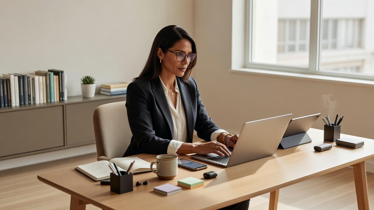 Professional woman working at a desk with a laptop, tablet, and smartphone in a modern home office