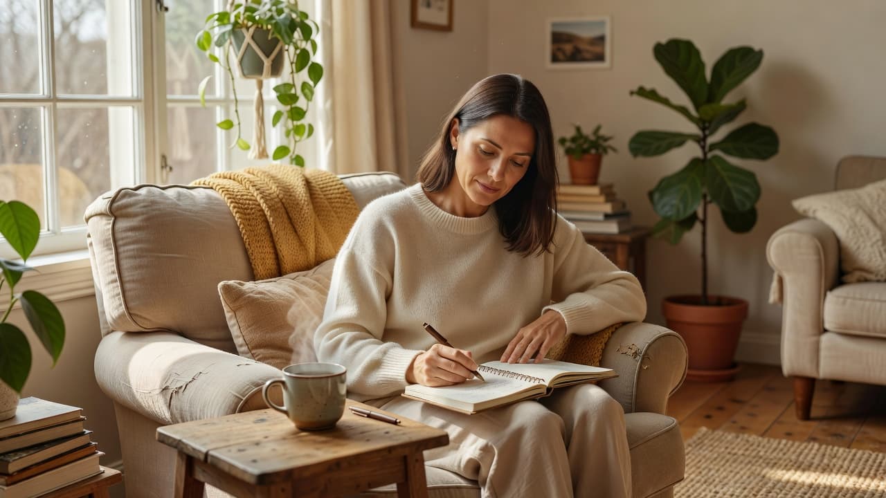 Woman sitting in a cozy living room writing in a journal while practicing self-care and emotional reflection.