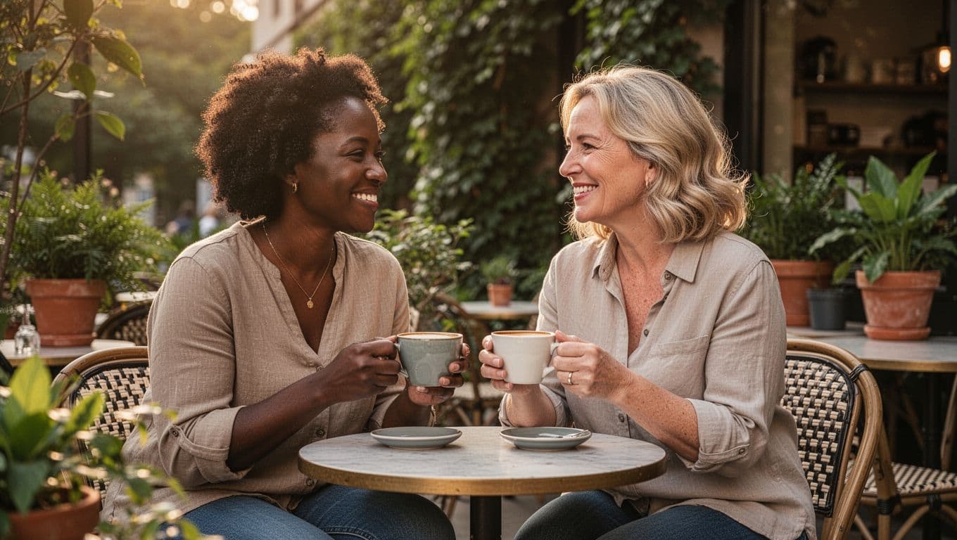 Two women enjoying coffee and conversation together at an outdoor café