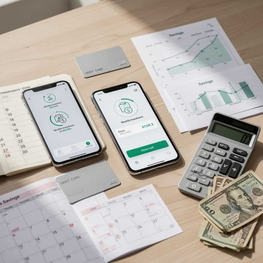 Smartphone and budgeting planner showing automatic monthly investment transfers.