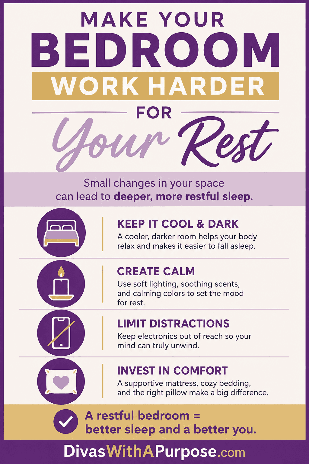 Infographic with bedroom sleep tips for better rest, including keeping the room cool and dark, creating a calm atmosphere, limiting electronic distractions, and choosing comfortable bedding.