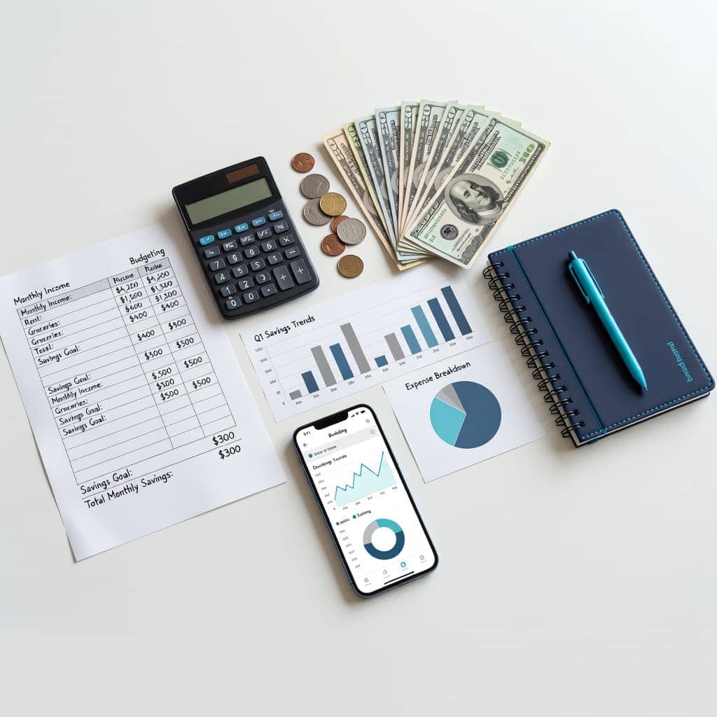 Calculator and budgeting worksheet used to divide annual expenses into monthly savings.