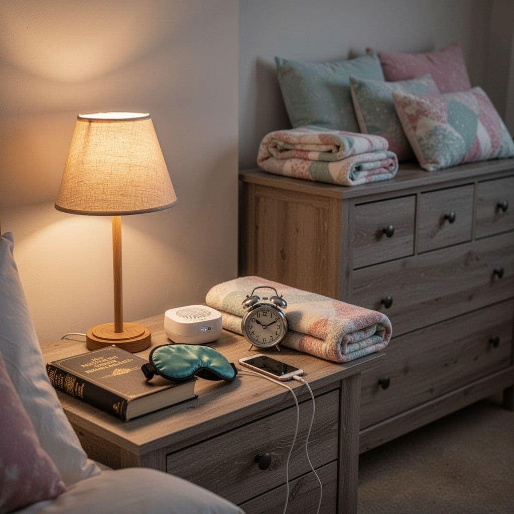 Bedroom with calming bedtime essentials including a book, eye mask, and warm bedside lighting.
