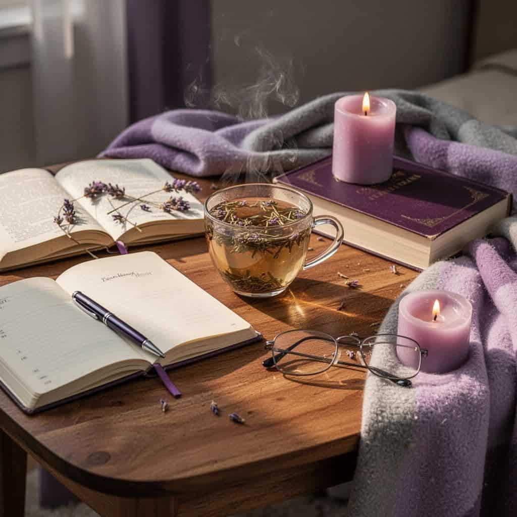 Journal, tea, and bedtime essentials arranged for a relaxing evening wind-down routine.