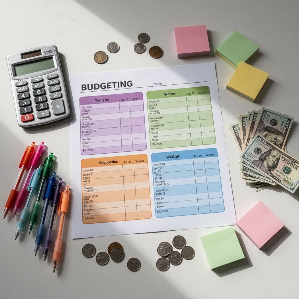 Notebook showing a simple spending plan with categories for spending, saving, giving, and expenses.