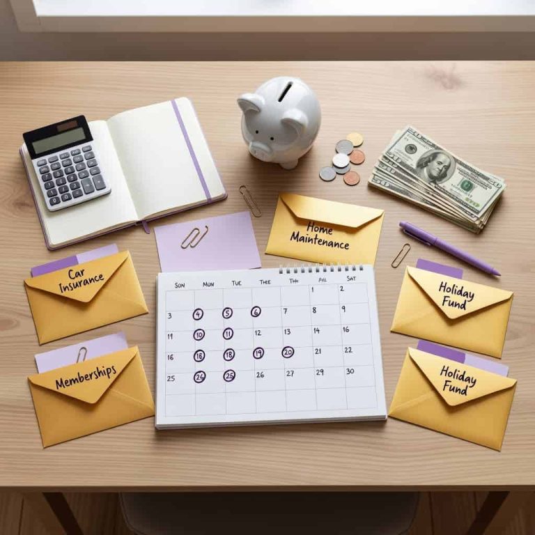 Monthly budgeting supplies arranged with envelopes for annual bills and a sinking fund savings plan.
