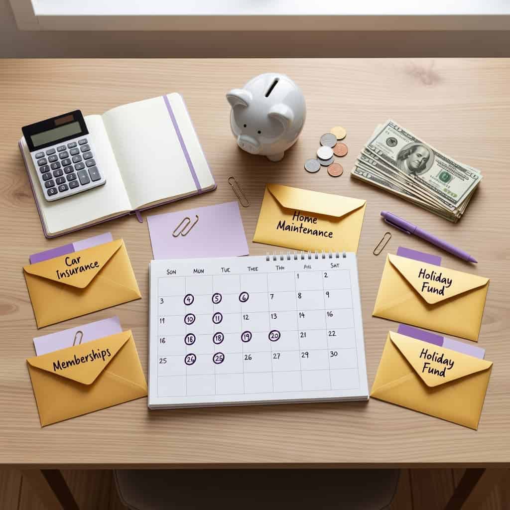 Monthly budgeting supplies arranged with envelopes for annual bills and a sinking fund savings plan.