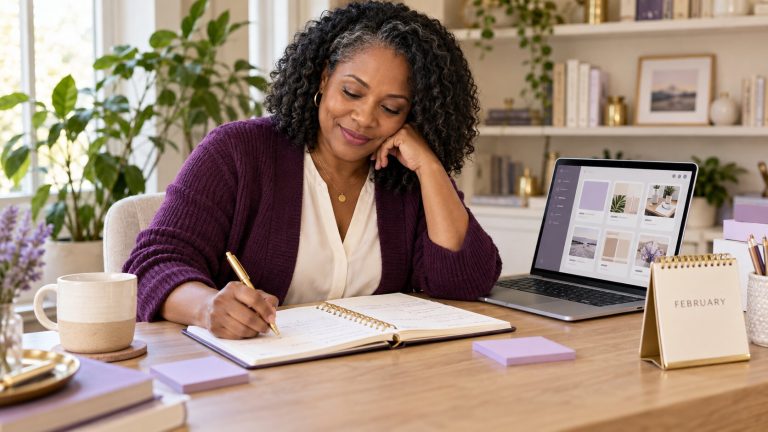 Woman entrepreneur writing social media ideas in a planner beside her laptop and a February desk calendar.