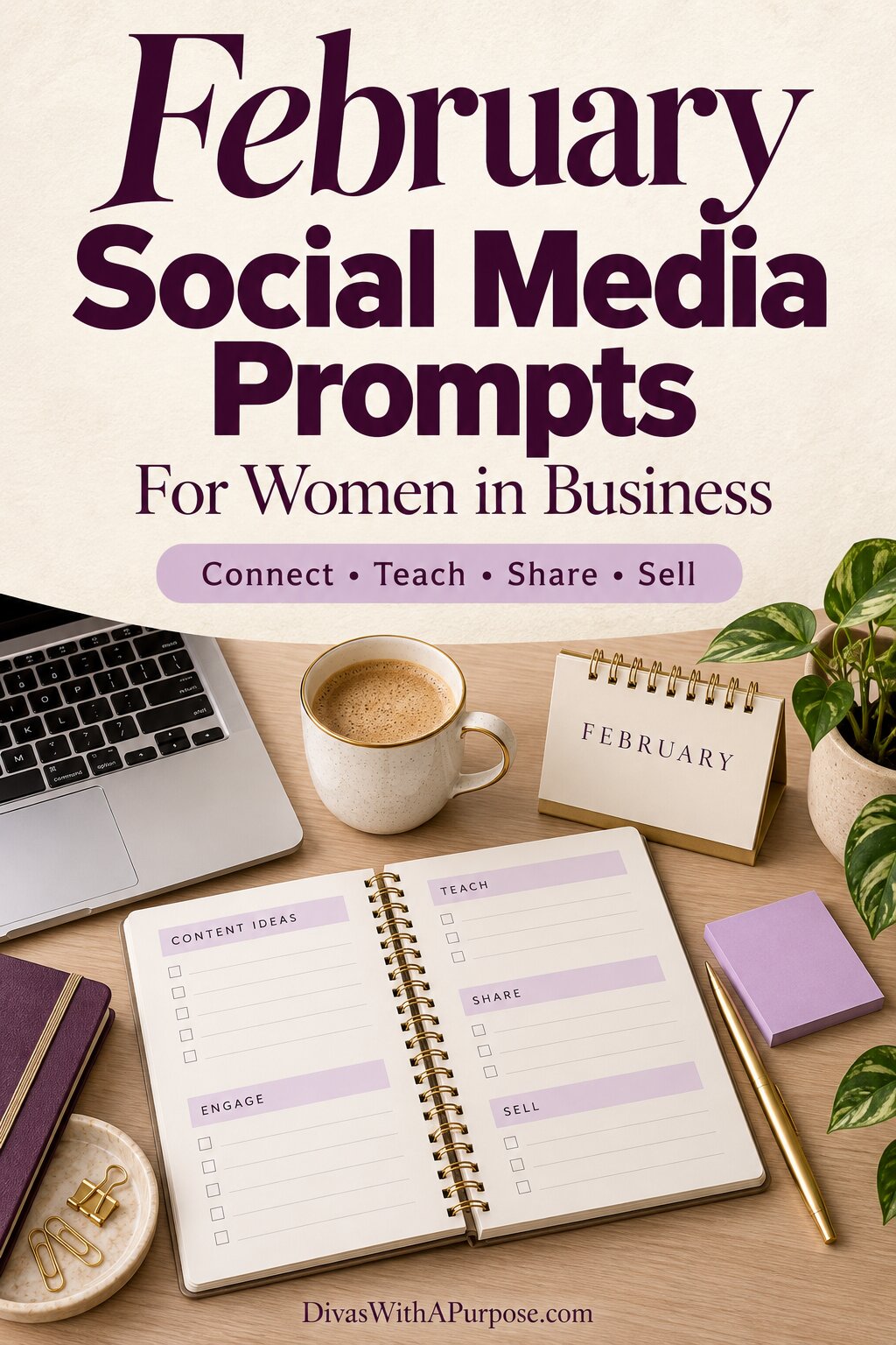 Purple and cream graphic reading “February Social Media Prompts for Women in Business,” above a desk with a laptop, content planner, coffee, and February calendar.