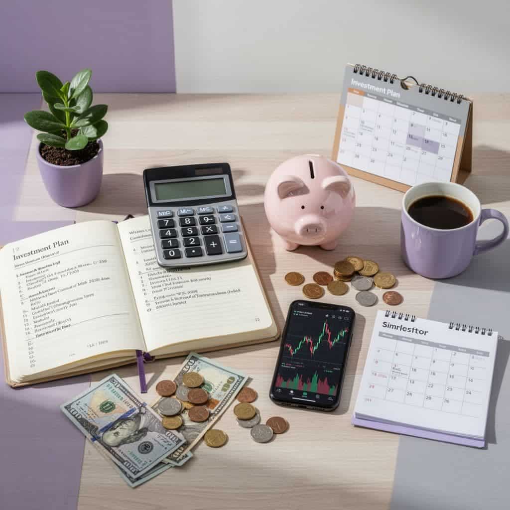 Investment planning supplies including a notebook, calculator, savings jar, and smartphone showing an investment dashboard.