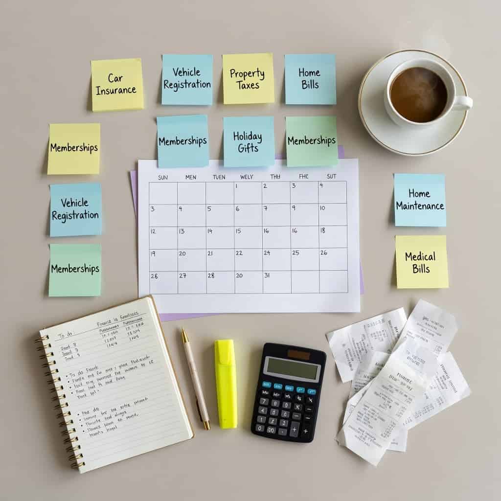 Calendar and financial planning notes listing annual expenses for a sinking fund.