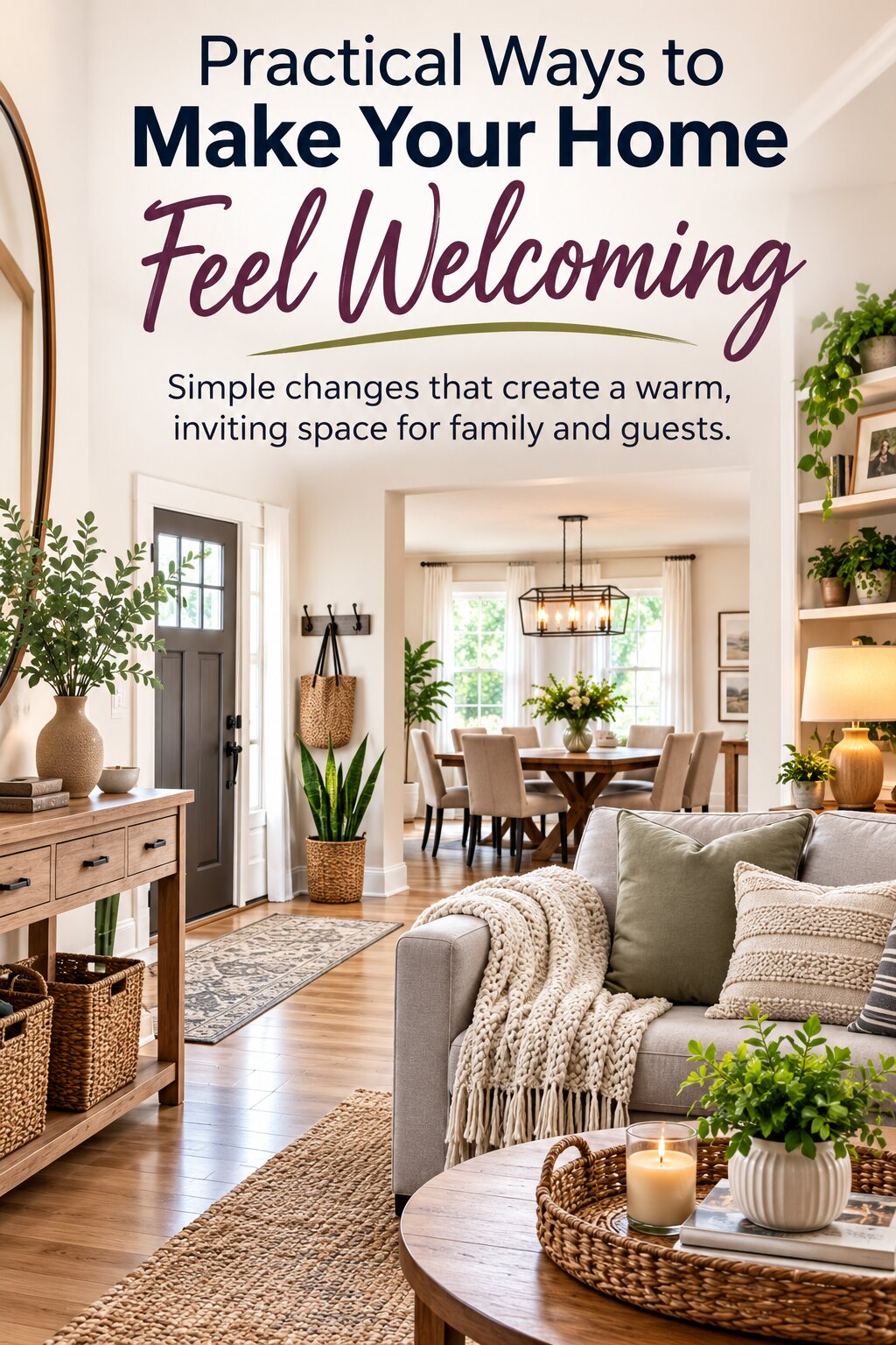 Pinterest graphic featuring a bright, welcoming home with a cozy entryway, comfortable living room, warm lighting, and inviting dining space, highlighting practical ways to make your home feel more welcoming.