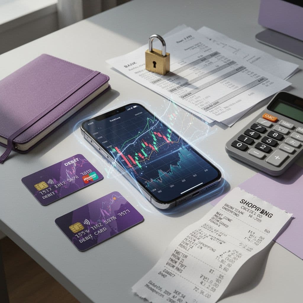 Smartphone, debit card, and budgeting tools illustrating safe online spending habits.