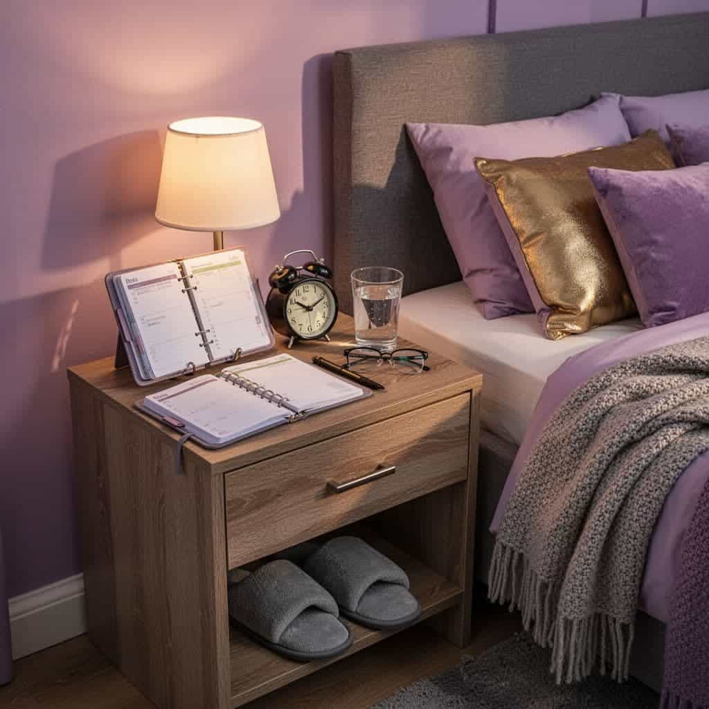 Nightstand with planner, alarm clock, water, and bedtime essentials prepared for a restful night.