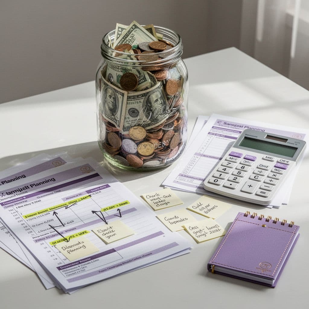 Savings tracker, jar of money, and financial goal planner for building consistent saving habits.