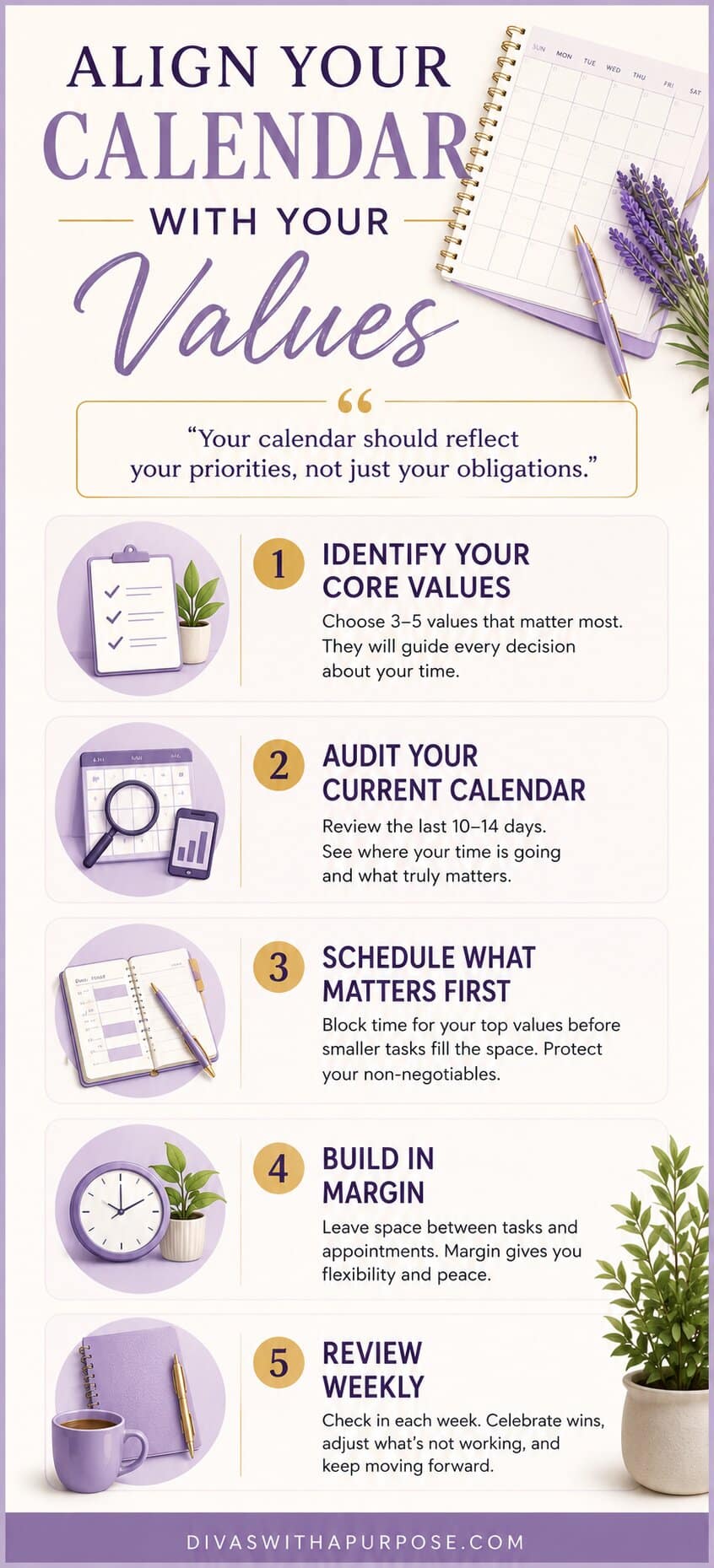 Infographic showing five simple steps to align your calendar with your values, including identifying core values, auditing your calendar, scheduling priorities, building margin, and reviewing your week.