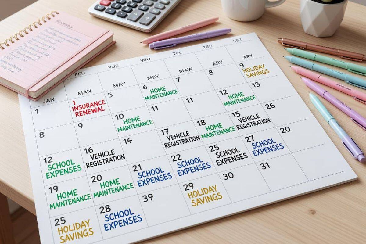 Calendar planner highlighting annual bills and sinking fund savings goals for insurance, home maintenance, school expenses, and holiday savings.