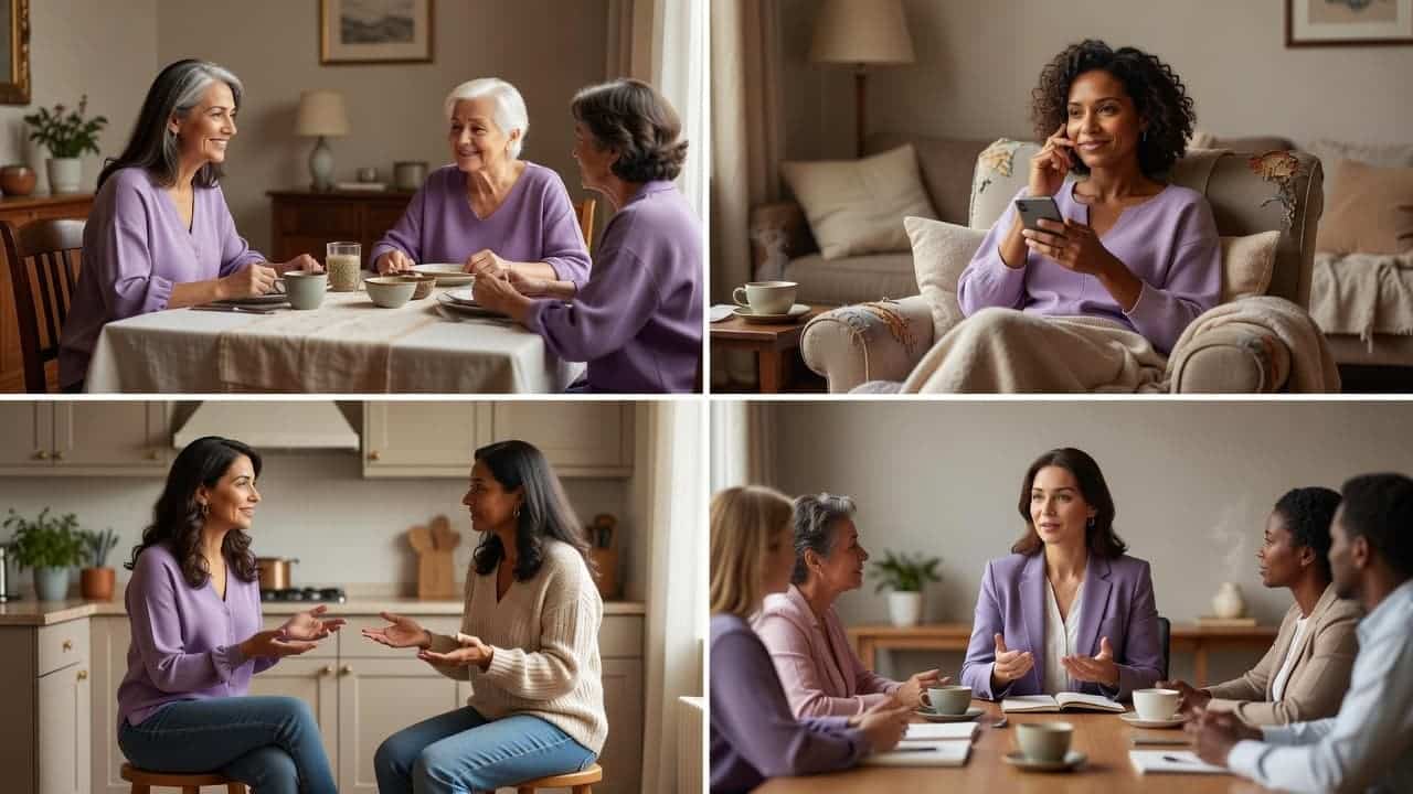 Collage showing women setting healthy boundaries with family, friends, partners, and at work.