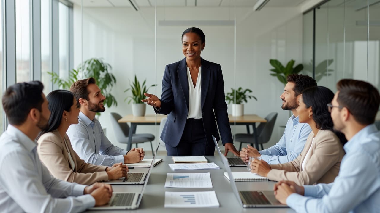 Confident business leader facilitating a team meeting while demonstrating focus, resilience, and effective leadership in a modern office.