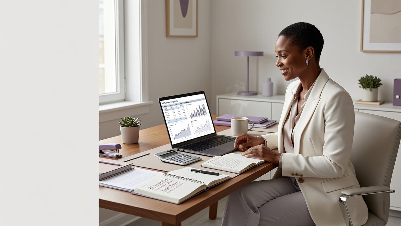 A self-employed woman reviews financial reports, a planner, and a calculator at her home office while preparing for quarterly business taxes.