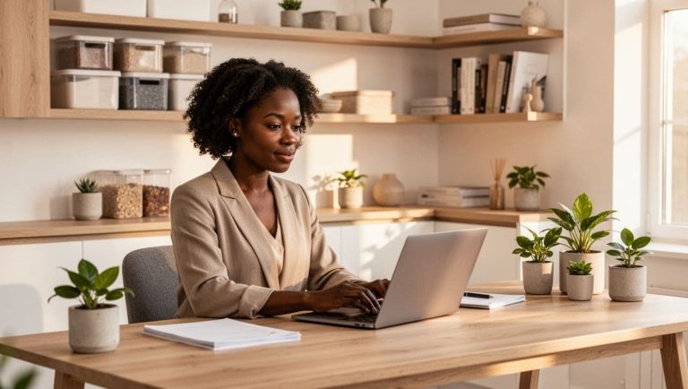 Woman entrepreneur working in a clean, organized home office designed for efficient small business operations and productivity.
