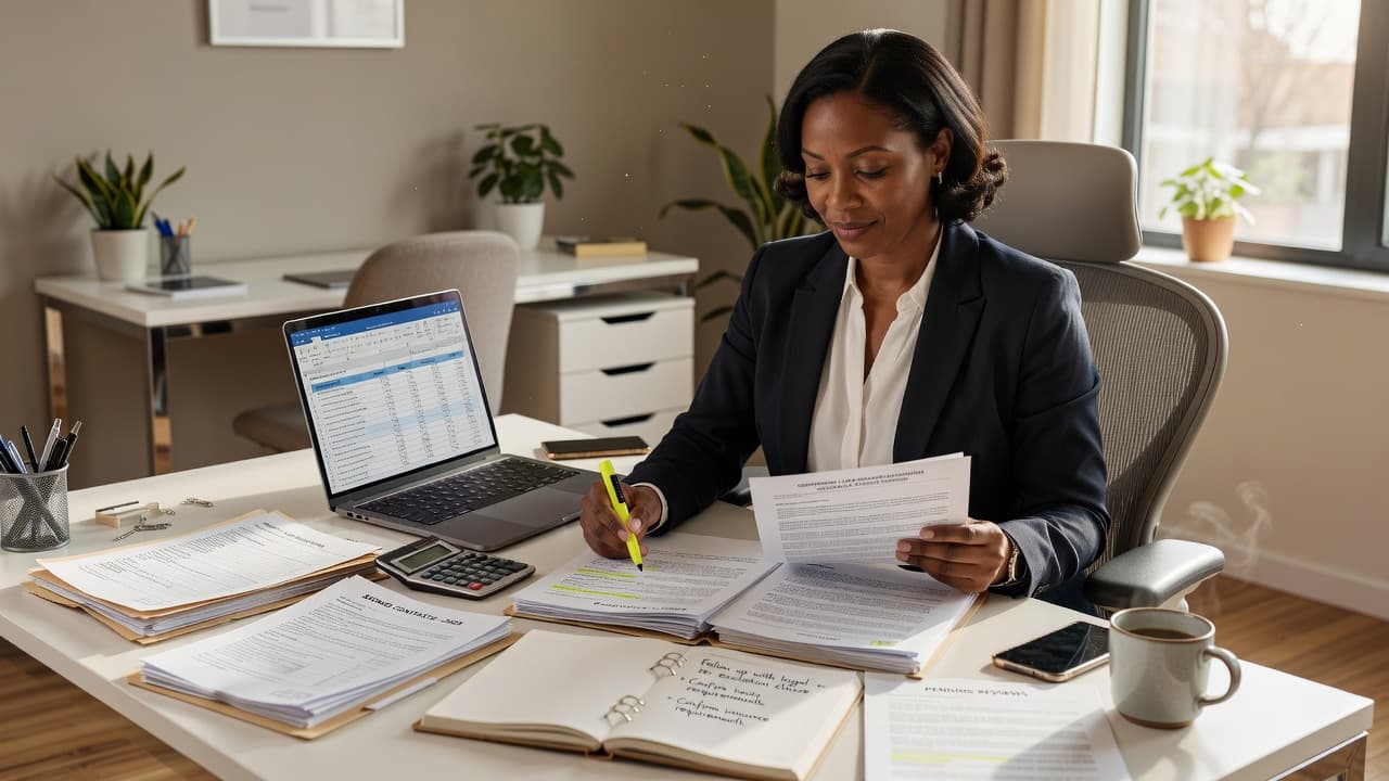 Black woman entrepreneur reviewing lease documents and highlighting important contract details at her office desk.