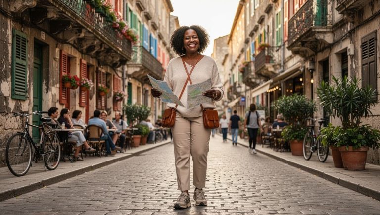 Black woman using a map while exploring a charming historic city on foot.