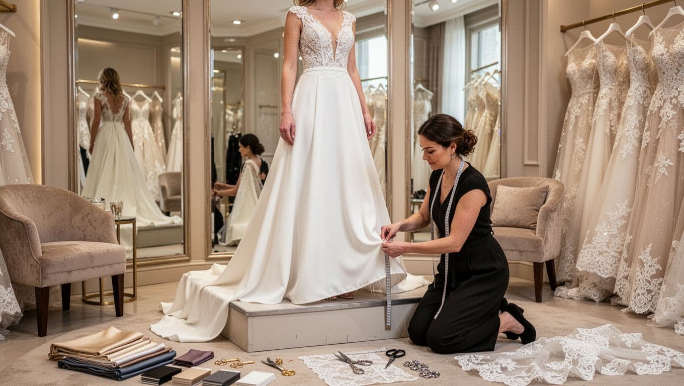 Bride having her wedding dress professionally altered during a final fitting.