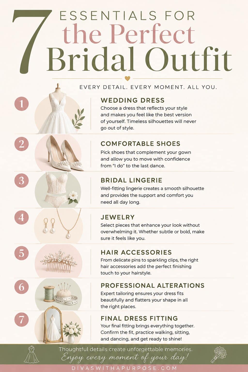 Infographic featuring seven essentials for creating the perfect bridal outfit, including the wedding dress, shoes, lingerie, jewelry, hair accessories, alterations, and final fitting.