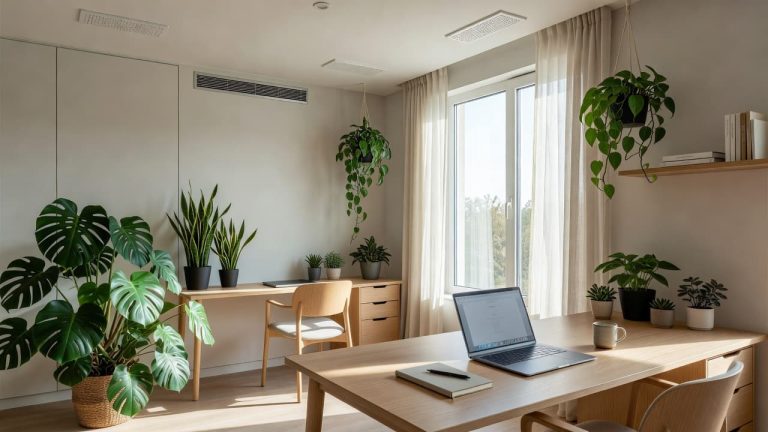 Bright, modern office workspace with indoor plants, large windows, and a clean desk promoting healthy indoor air quality.