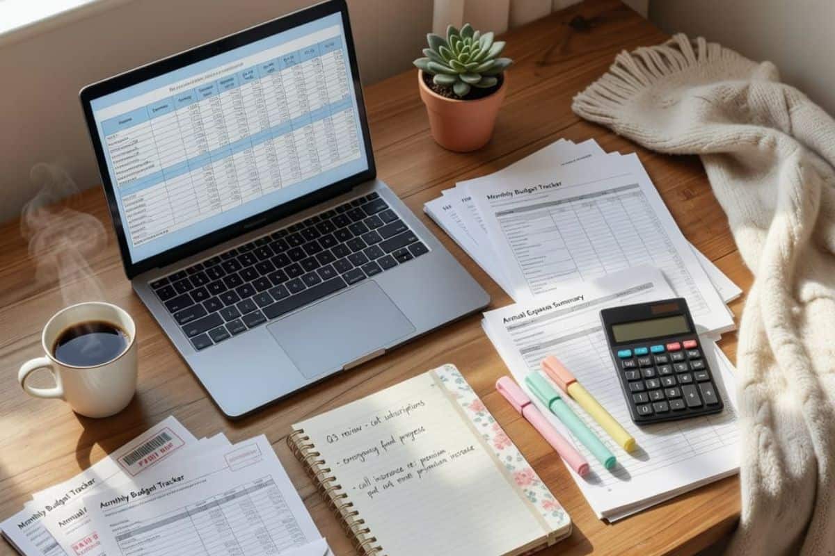 Savings plan notebook with a sinking fund tracker, calculator, budget worksheets, and coffee for organizing annual expenses.