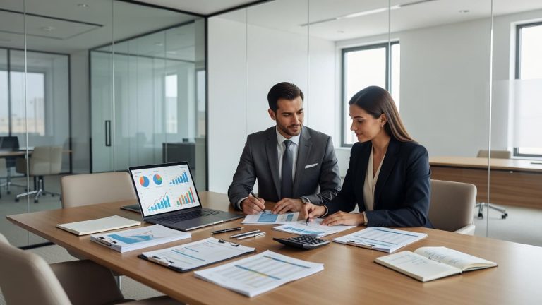 Business advisors reviewing financial reports and performance data during a financial due diligence meeting before a business acquisition.