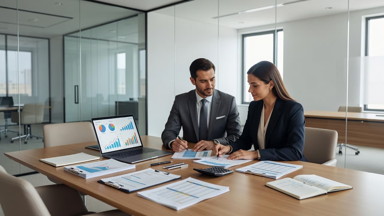 Business advisors reviewing financial reports and performance data during a financial due diligence meeting before a business acquisition.