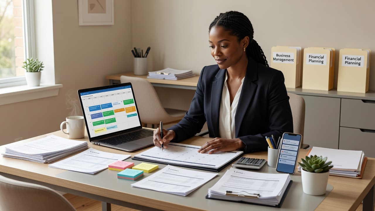 Woman entrepreneur planning business deadlines using a calendar, laptop, and lease documents.