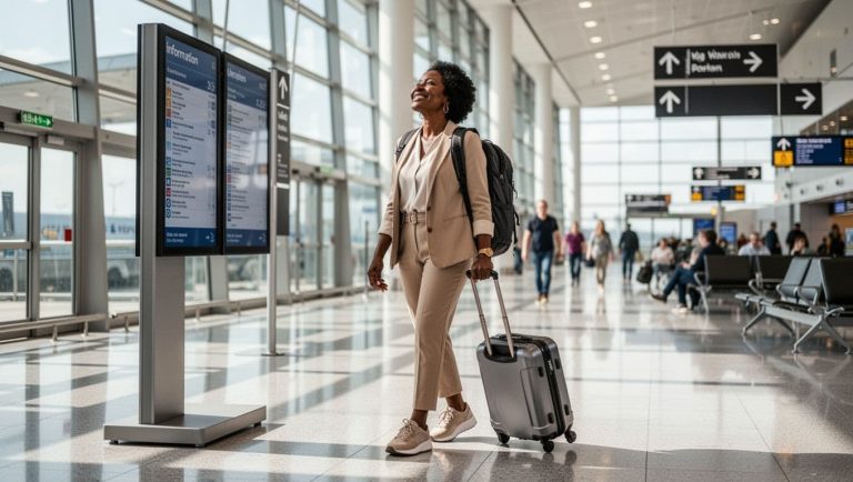 Woman walking through a modern airport terminal with a carry-on suitcase and backpack before boarding a flight.