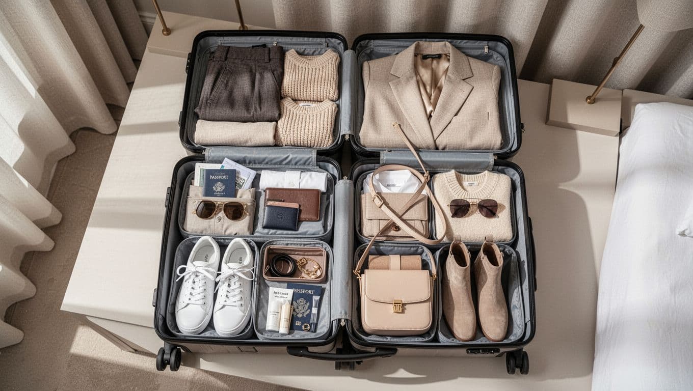 Open suitcase packed with a coordinated capsule wardrobe, neutral clothing, shoes, handbags, and travel essentials.