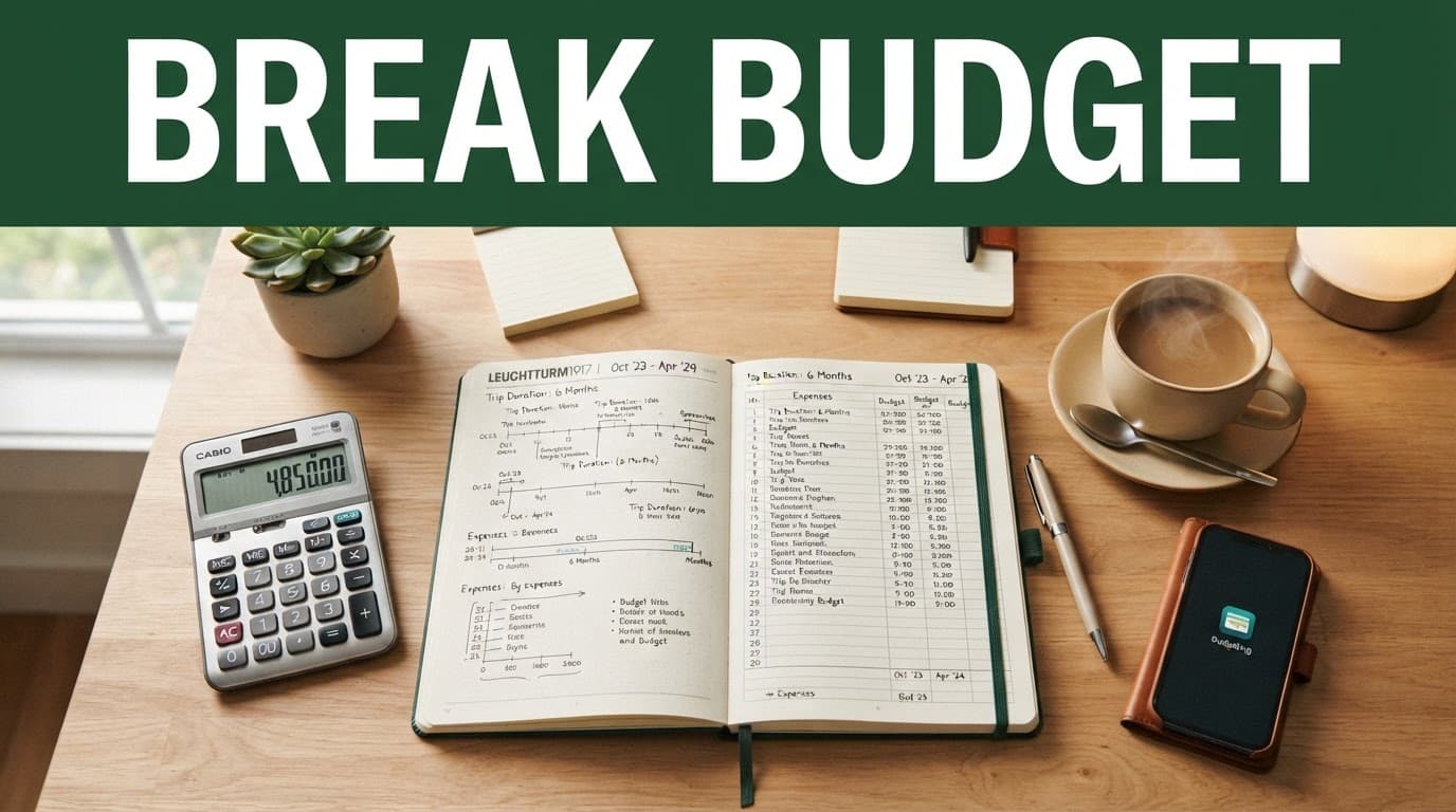 A planner, calculator, and coffee cup sit on a desk beneath a dark green header.