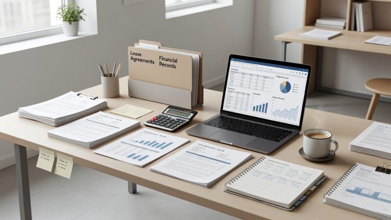 Organized office desk with lease agreements, financial records, laptop displaying accounting reports, calculator, and business planning materials.