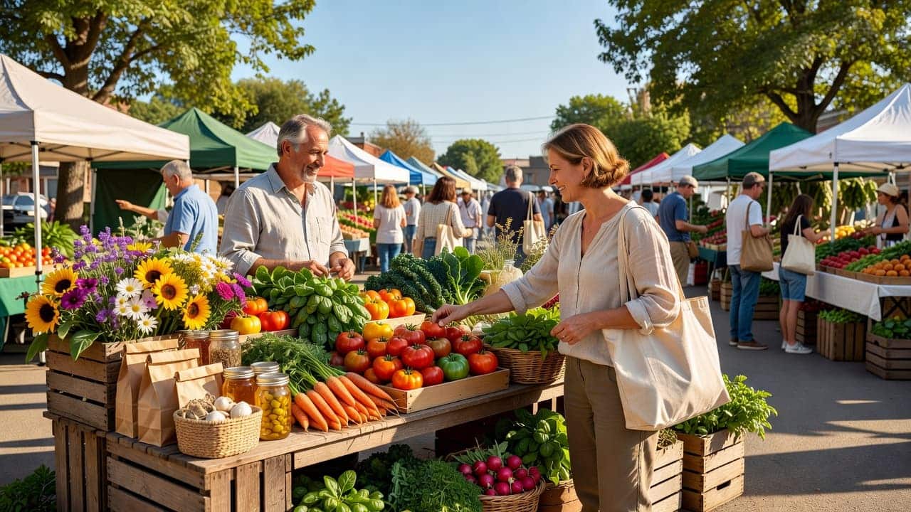 Woman shopping at a local farmers market with reusable bags as part of a sustainable living lifestyle.