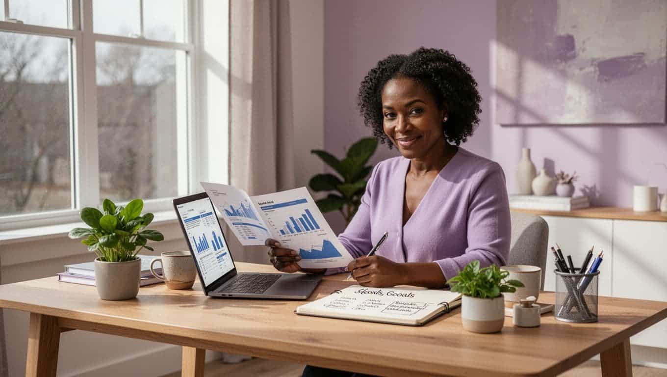 Female entrepreneur planning business growth at an organized home office.
