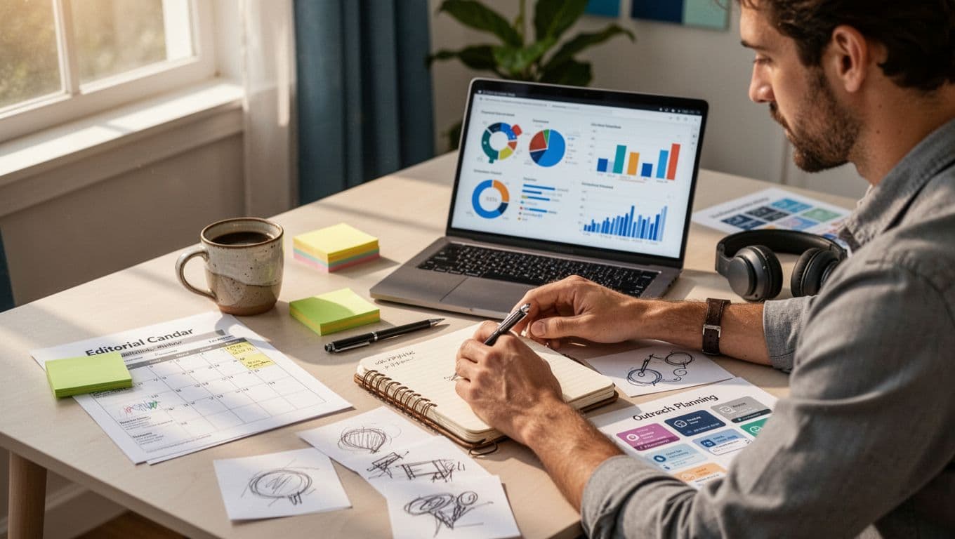 Content marketer planning editorial content and outreach strategy to earn high-quality backlinks through guest posting.